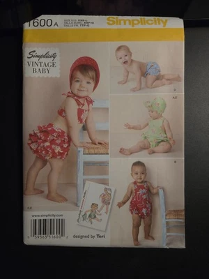 Simplicity 1600 Vintage Baby Romper-Bikini-Panties-Bonnet Pattern size XXS-L-New - Image 1 of 3