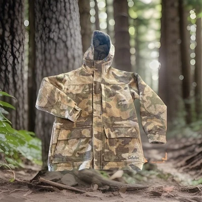 Cabela's Green Camo Camouflage 93% Wool Hooded Utility Field Coat Men M Medium - Image 1 of 4