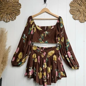 Free People set co-ord mini skirt and crop top floral pleated smocked Medium - Picture 1 of 7