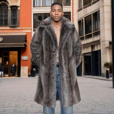 Men Suit Collar Faux Fur Mid Long Trench Coat Thicken Warm Overcoat Winter S-6XL - Image 1 of 4