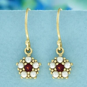 9K Gold Natural Garnet and Pearl Vintage Style Floral Dangle Earrings - Picture 1 of 9