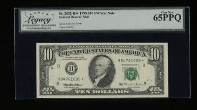 DBR 1995 $10 FRN St. Louis STAR Gem Fr. 2032-H* Legacy 65 PPQ Serial H04761009* - Image 1 of 2