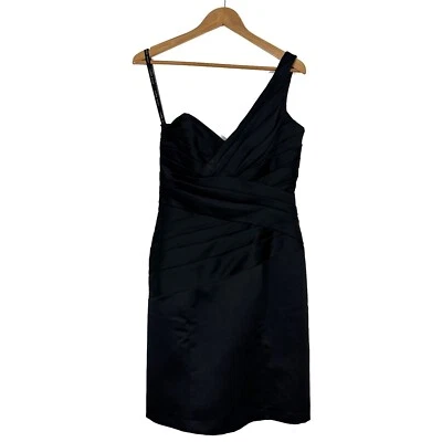 Alfred Angelo Size 6 Small Solid Black Satin One Shoulder Pleated Cocktail Dress - Image 1 of 4