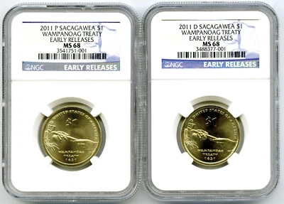 2011 P D $1 SACAGAWEA NGC MS68 WAMPANOAG TREATY DOLLAR EARLY RELEASES SET - RARE - Image 1 of 2