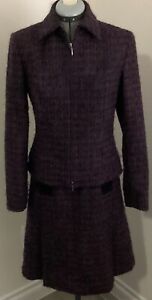 Dana Buchman skirt suit women 2 purple tweed wool mohair suede trim zip close