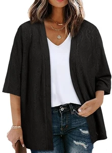 Women Plus Size Kimono Cardigan Half Sleeve Knitted Jacquard Loose Casual Blo... - Picture 1 of 5