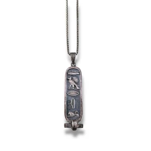 Egyptian Hieroglyphics Sterling Silver Cartouche Necklace 925 Vintage Long Chain - Picture 1 of 7