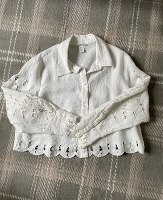 H&M 扇贝下摆蕾丝袖纽扣衬衫亚麻纹理 XL — 第 1/4 张图片