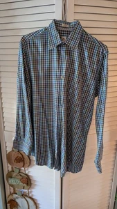 Peter Millar Button Collared Shirt Men's Medium Plaid Green Blue 23x33 - Picture 1 of 3