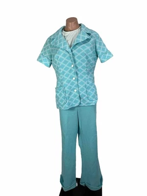 Mr Fin Knit Vintage 60s 70s Mod Blue White Pant Blazer Tank Set Embroidered M/L - Image 1 of 4