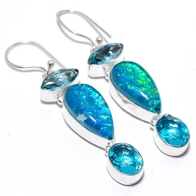 Triplet Fire Opal, Blue Topaz Gemstone 925 Sterling Silver Jewelry Earring 2.5" - Image 1 of 4