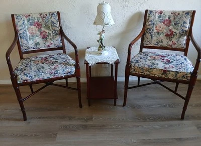 Set Of 2 Hickory Chair Faux Bamboo Arm Chairs Floral Mahogany Finish Vintage - Image 1 of 4