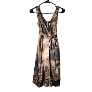 Rickie Freeman TERI JON Mini Dress Size 2 Brown Tan Silk Sleeveless Jewel - Picture 1 of 5