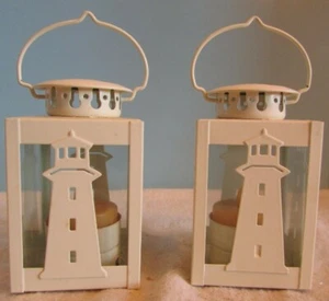 SET OF 2 WHITE LANTERN  METAL  4" NAUTICAL LIGHTHOUSE TEALIGHT CANDLE HOLDER - Picture 1 of 5