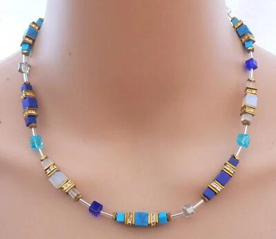 Halskette Edelstein Würfel Türkis, Jade, Opalit, Blau,  Strass   683a - Bild 1 von 4