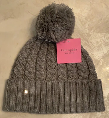 Kate Spade New York Women’s Heather Gray Cable Knit Pom Pom Knit Hat Beanie Cap - Image 1 of 4