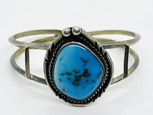 Old Navajo Natural Morenci Turquoise Cabochon w/ Pyrite Inclusions Silver Cuff - Picture 1 of 12