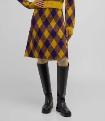 Burberry Women's Yellow EKD Check High-Waist Wool Knit A-Line Skirt Size M - Image 1 of 4