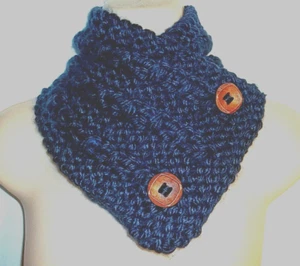 Handmade Thick Warm Cable Knit Button Scarf Navy Neck Warmer - Picture 1 of 1