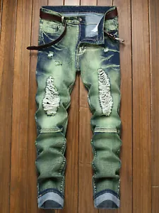 Distressed ausgefranste Jeans Herrenjeans schmal lässig Mode Straße gerissene Denimhose - Bild 1 von 9