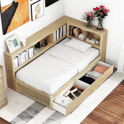 Sofá cama de madera tamaño doble con 2 cajones de almacenamiento, gabinetes de almacenamiento y puertos USB natural Foto 1 de 4
