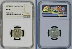 NGC MS61 1932-E 50 Pfennig Pfg Germany, Weimar Third Reich Key Date - Picture 1 of 3