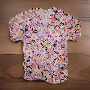 Peaches nursing scrub top medium Multicolor Flowers medic womens uniform shirt - Picture 1 of 3