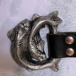 Vintage DON DRUMM PISCES Two Fish Aluminum Buckle Handmade Belt 30"-33.5" - Picture 1 of 6