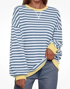 Trendy Queen NWT Sz Large Blue White Stripe Oversized Sweatshirt - Fall 2024 - Picture 1 of 15