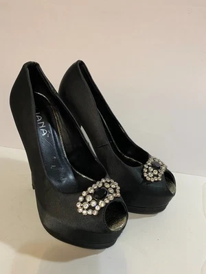 Liliana Black Satin Rhinestone Sparkly Bow Peep Toe Heels Size 7.5 - Image 1 of 4