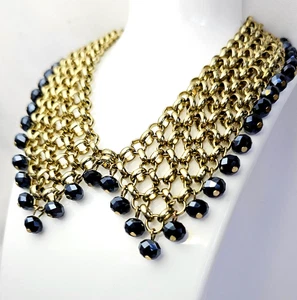 Gold Tone Chain Mail Blue Bead Bib Necklace Collar Fringe Dangling Beads Vintage - Picture 1 of 8