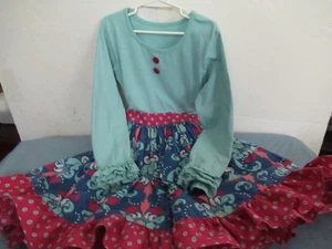 P) Girls Size 8/10 Aqua and pink Long Ruffled Sleeves Eleanor Rose Dress - Picture 1 of 9