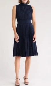 Nanette Lepore Marine Plissee ärmelloses Kleid Größe 10 gesmokte Taille & Ausschnitt - Bild 1 von 13