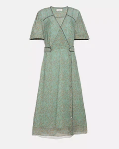 Coach Printed Long Chiffon V Neck Turquoise Brown Dress Size 2 - Picture 1 of 13