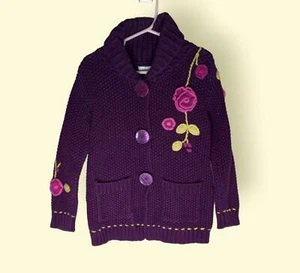 Savannah Girl's Chunky Knit Cardigan Size 4 4Y Plum Floral Big Buttons Pockets - Picture 1 of 12