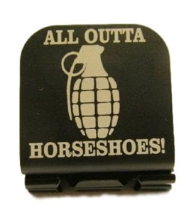 All Out Of Horse Shoes With Grenade Image Laser Etched Aluminum Hat Clip Brim-it - Picture 1 of 9