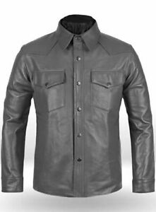 New Men's Gray Lambskin Leather Shirt Real Soft Sheepskin Custom Made Shirt