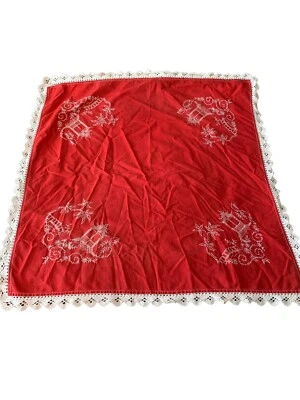 Vtg Linen Red w/ White Embroidery Table Topper 34" Square Trees Wedding Gazebo - Image 1 of 4
