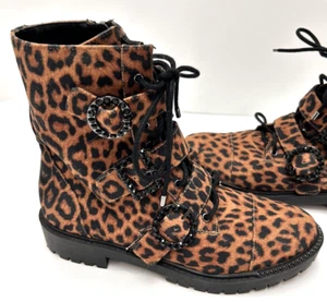 Jessica Simpson Boots Size 8 KIRLAH Combat Leopard Brown Bling Buckles Side Zip - Picture 1 of 10