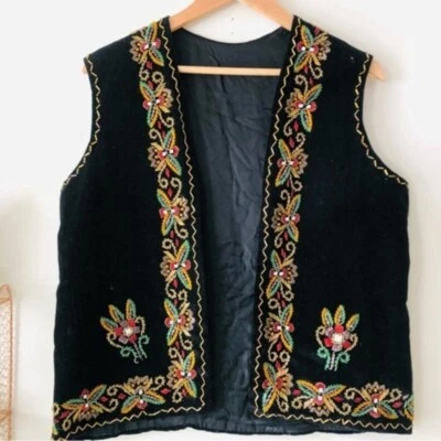 Chaleco Chaleco Artesanal Folclore Étnico Terciopelo Negro Hecho a Mano De Colección Talla XL Foto 1 de 4