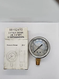 ASME PRESSURE GAUGE 2.5" GLY, SS/BR LM, 1/4"NPT 0-100PSI & BAR/KPA [RC 1-4] - Picture 1 of 4