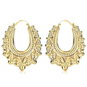 Medium Gold 18K GF Long Gypsy Creole Earrings Hoops Romany Ladies Women Filled - Picture 1 of 9