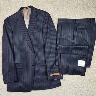 Hart Schaffner Marx Travelor Suit 42R Blue Stripe Wool Pants 36 Unhemmed Pleated - Image 1 of 4