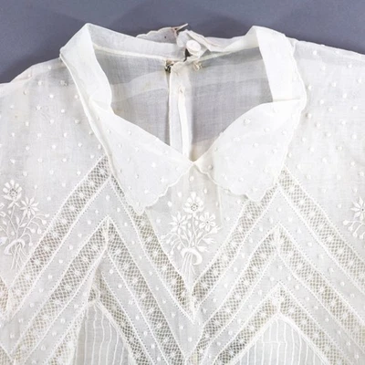 Vtg White Organdy Blouse Top Embroidered Sheer Lace Bodice 1940s France Size 34 - Image 1 of 4
