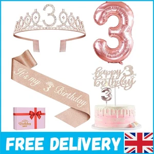 Deluxe 3rd Birthday Decorations Pack: Tiara, Sash & Stunning Rose Gold Balloon - Picture 1 of 11
