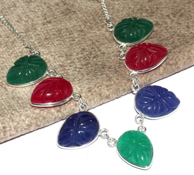 Collar de piedras preciosas de ónix verde hoja de calcedonia tallada rosa y azul 18" MJ Foto 1 de 3