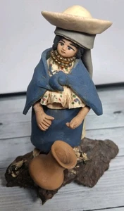 Vintage Peruvian Clay Female In Blue Dress On A Piece Of Bark - Picture 1 of 6