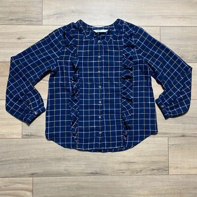 Camisa feminina Sonoma xadrez manga longa com babado frontal pequena M azul dourada - Imagem 1 de 4