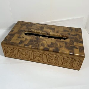 VINTAGE Carved Wood Lacquer INLAY TISSUE BOX Holder HINGED LINED - Picture 1 of 12