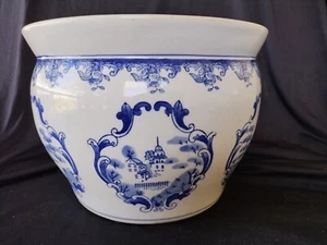 14" Chinese Blue White Oriental Flower Street Town Scenery Porcelain Pot - Picture 1 of 13